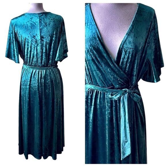 NWT TORRID Green Crushed Velvet Flutter Swing Wrap Dress - 2XL - Picture 6 of 9